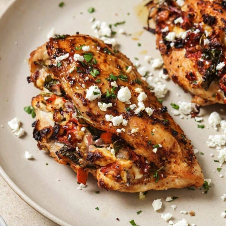 Air fryer stuffed chicken breast stuffed with spinach, feta, and peppers.